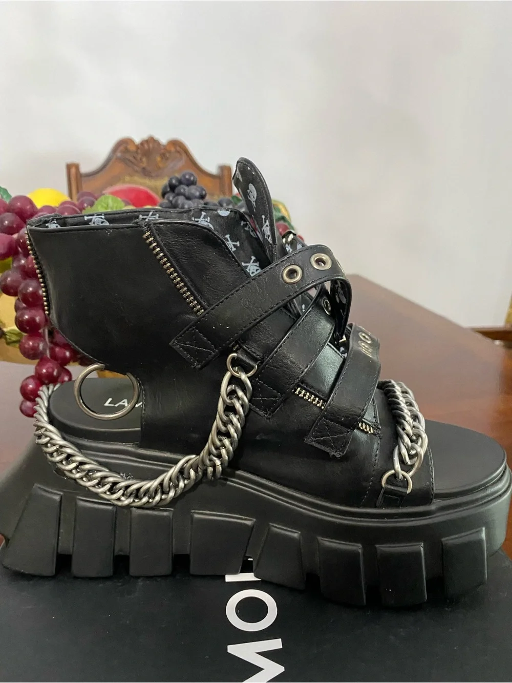 Black Platform Sandals with Skull Accent and Chain Detail